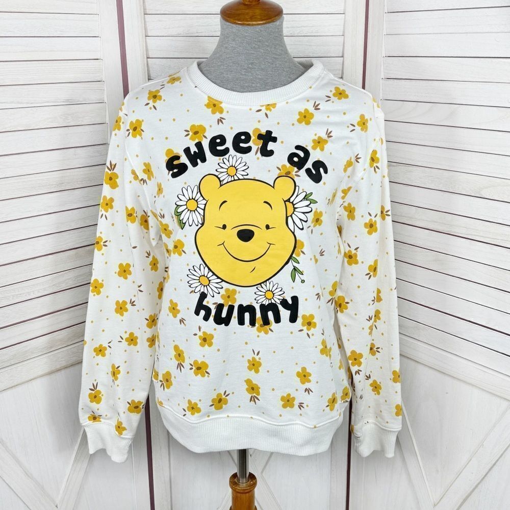 Disney Winnie The Pooh Sweet As Honey Floral Sweatshirt White Yellow Medium